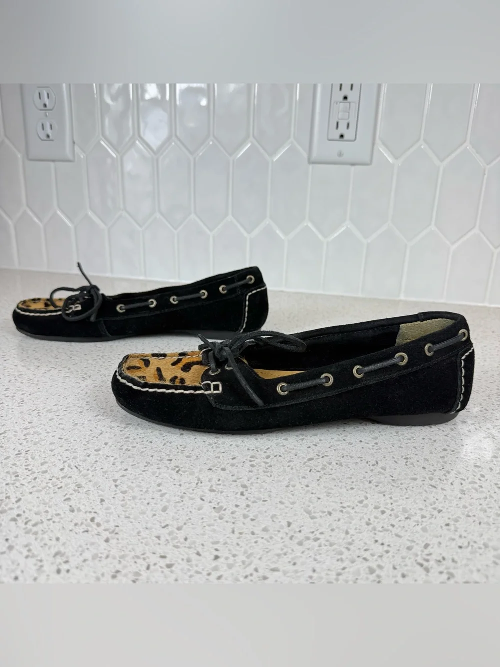 Sperry Top Sider Firefish Leopard Print Pony Hair Black Leather Women’s Size 6